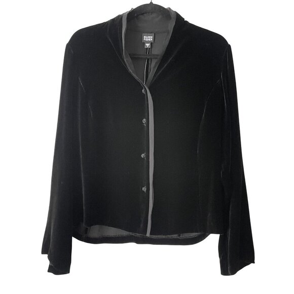 Eileen Fisher Size S Black Velvet Button Front Cardigan Jacket Silk Chiffon - Picture 1 of 10